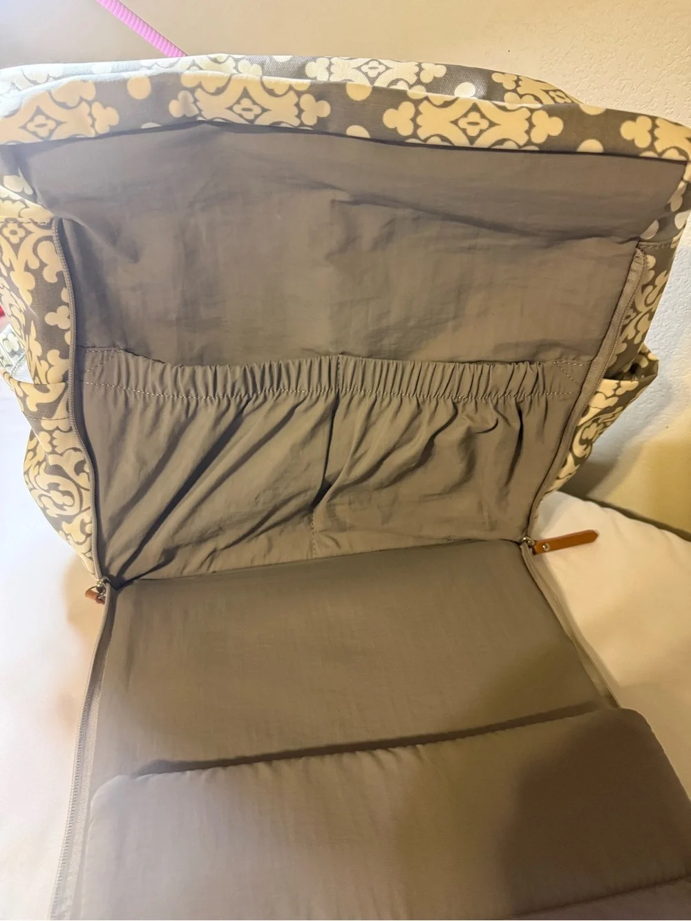 Petunia Pickle Bottom Gray and White Patterned messenger Diaper Bag